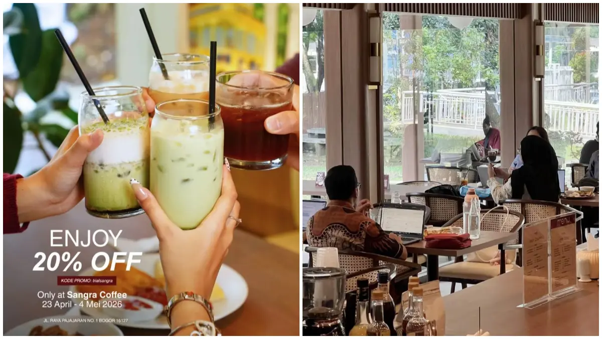 Unggahan resmi promo 20 persen dan suasana di Sangra Coffee. (Foto: Akun TikTok @sangracoffeebytakol)
