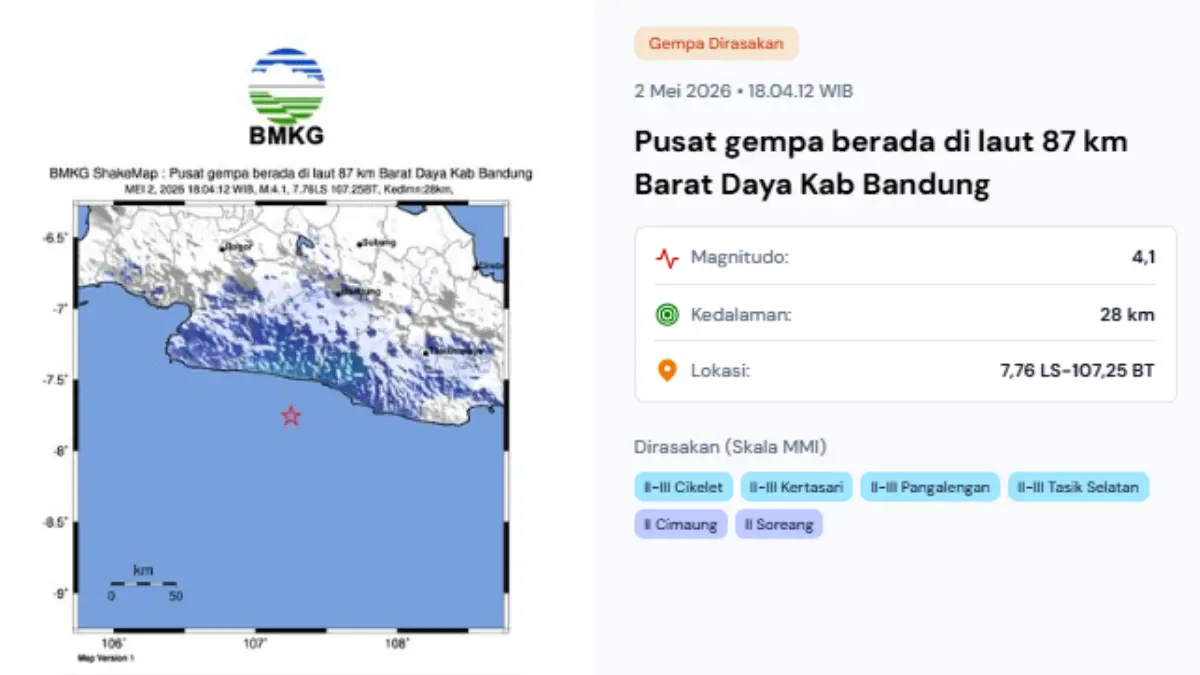 Gempa bumi tektonik berkekuatan magnitudo 4,1 mengguncang Kabupaten Bandung, Jawa Barat Sabtu, 2 Mei 2026. (Dok. BMKG)