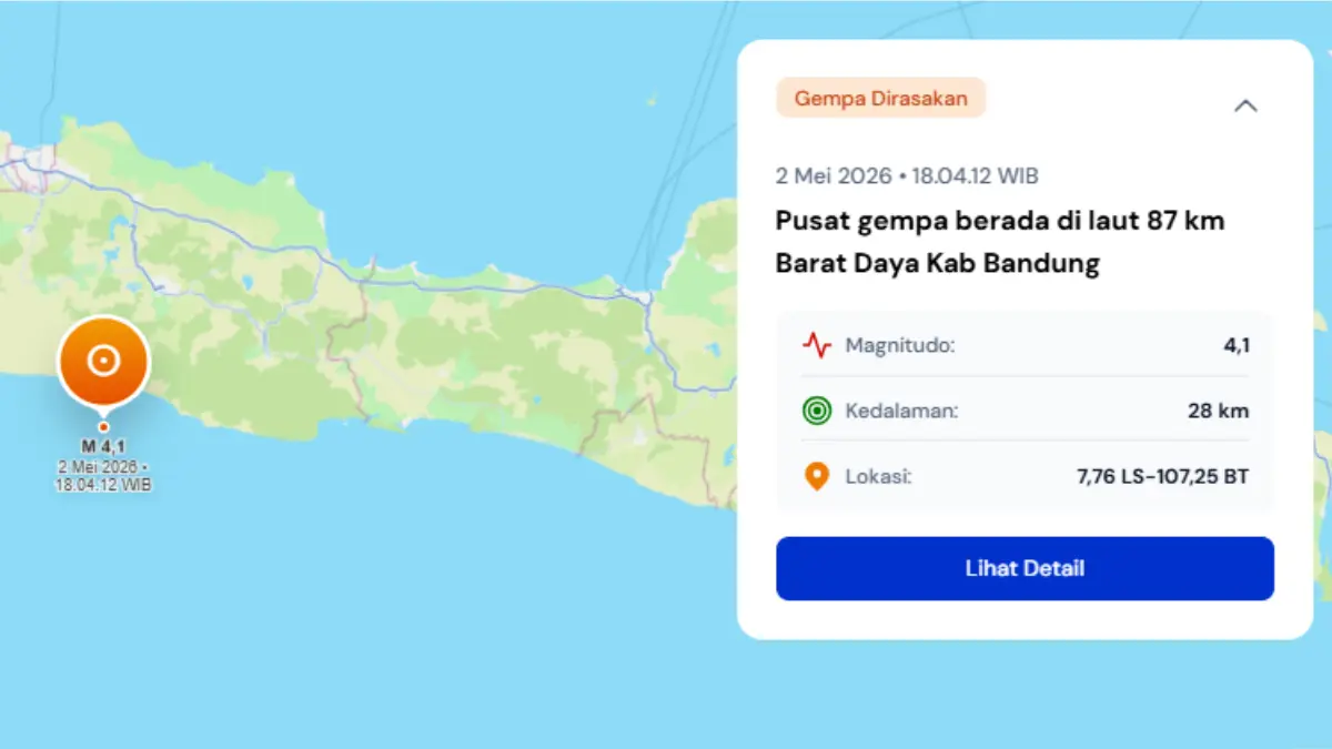 Gempa bumi tektonik berkekuatan magnitudo 4,1 mengguncang Kabupaten Bandung, Sabtu, 2 Mei 2026. (Dok. BMKG)
