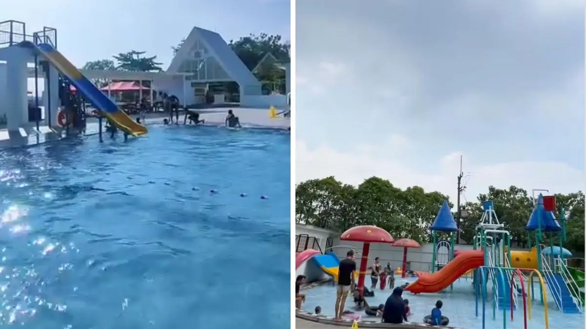 Suasana Amani Waterpark dengan wahana air dan perosotan untuk keluarga di Bogor. (Foto : Instagram @amaniwaterpark)