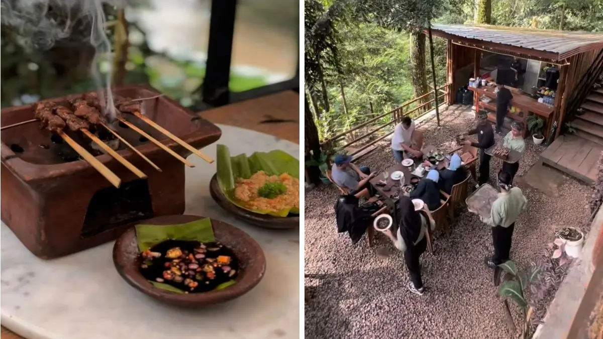 Suasana nyate di tengah hutan pinus di Sate MKU kawasan Puncak Bogor. (Foto: Instagram @satemkurimba)