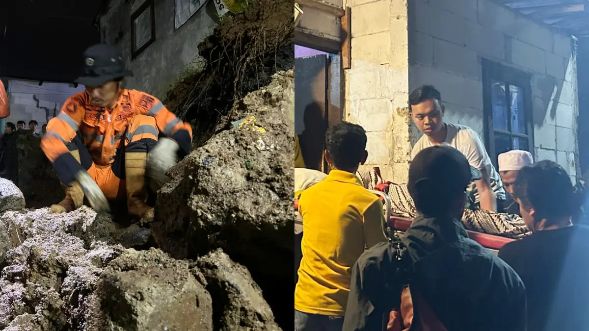 Proses evakuasi korban longsor tembok penahan tanah atau TPT di Pasirjaya, Kecamatan Bogor Barat, Kota Bogor, Minggu, 3 Mei 2026 malam. (Fauzan/Radar Bogor)