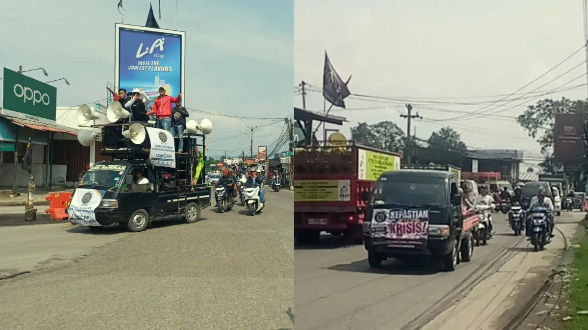 Massa dari Rumpin, Parungpanjang dan Cigudeg Kabupaten Bogor menuntut buka galian tambang, Senin 4 Mei 2026.  (Nasir/ Radar Bogor)