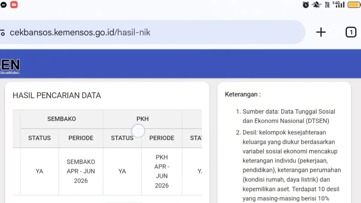 Status bansos di SIKS-NG. (Foto: YouTube Arfan Saputra Channel)