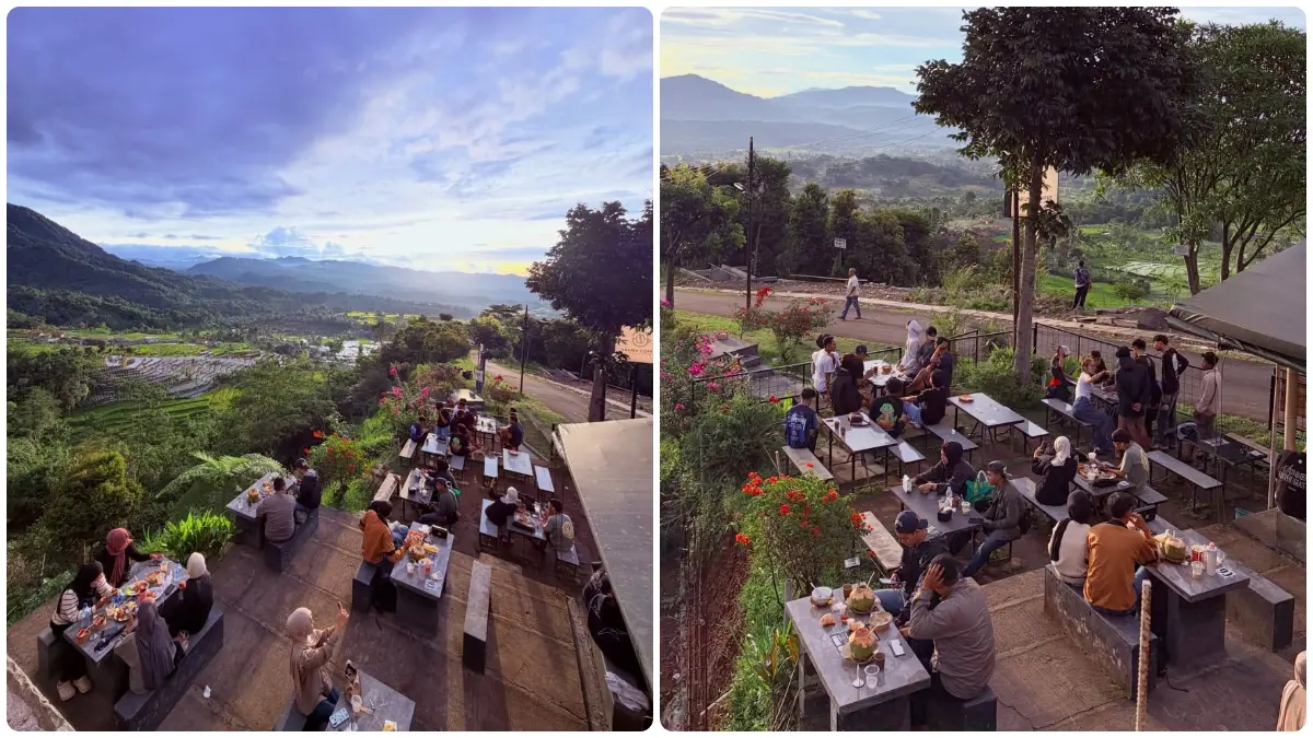 Suasana pengunjung menikmati waktu bersantai di Aruna Coffee dengan latar pemandangan alam di kawasan Pamijahan. (Foto: Instagram @arunacoffee_id)