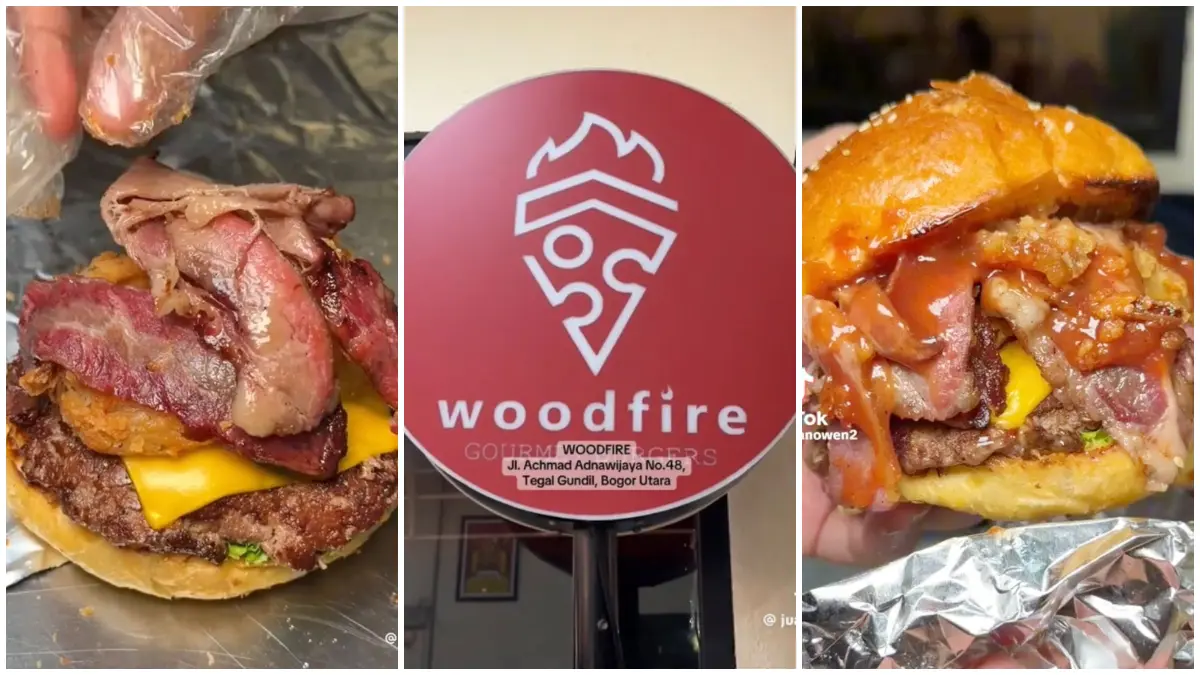 Burger tebal dengan isian daging melimpah di Woodfire Bogor (Foto: Tiktok @juanowen2)