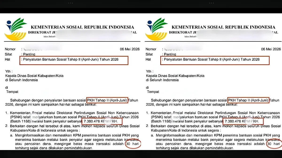 Surat pencairan bantuan sosial PKH tahap 2 dari Kemensos RI. (Foto: YouTube Arfan Saputra Channel)