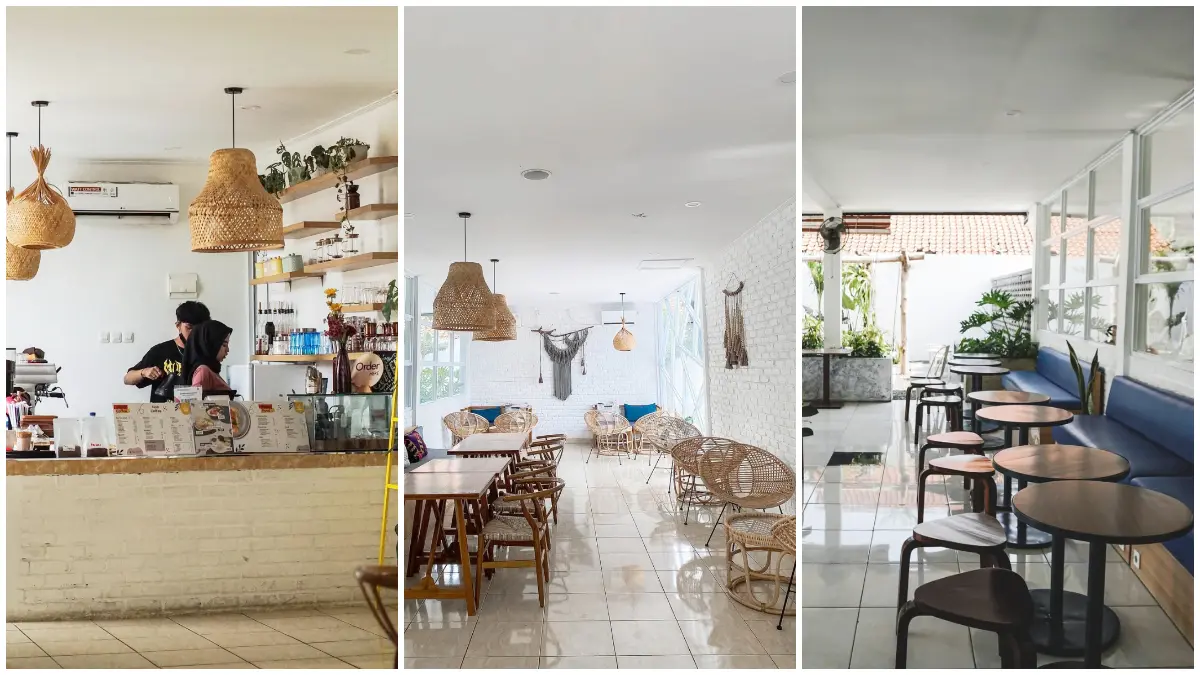 Suasana area Enthree Coffee Kitchen Space di kawasan Pakansari, Cibinong, yang memiliki konsep estetik dan fasilitas private room. (Foto: Instagram @hellocoffeespace dan @enthreecoffee)