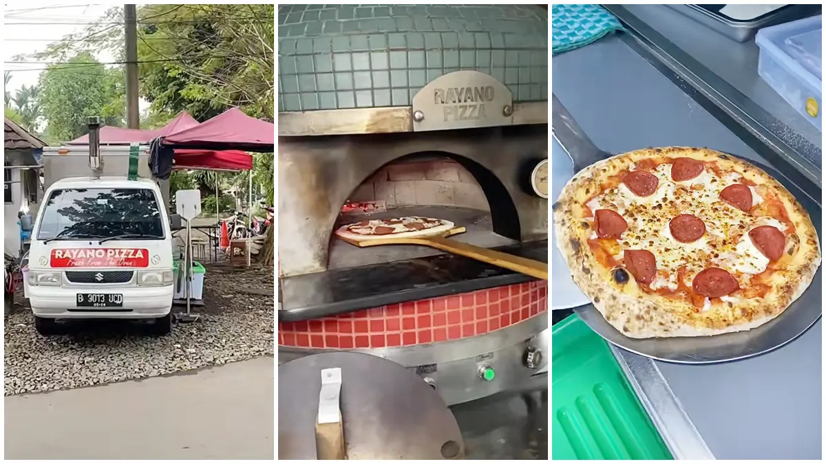 Truk Rayano Pizza yang menghadirkan konsep jualan pizza unik di Bogor. (Foto : TikTok @serenaffff)