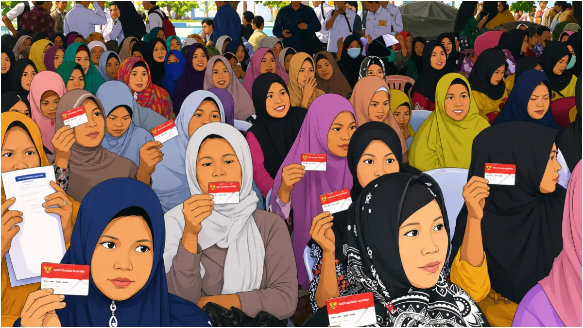 Ilustras KPM antri untuk cairkan bansos PKH. (Foto: YouTube Linjamsos Oke/Diolah oleh AI)