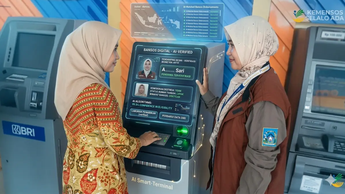 Ilustrasi KPM mengecek pencairan bansos didampingi petugas. (Foto: YouTube Kemensos RI/Diolah oleh Gemini AI)