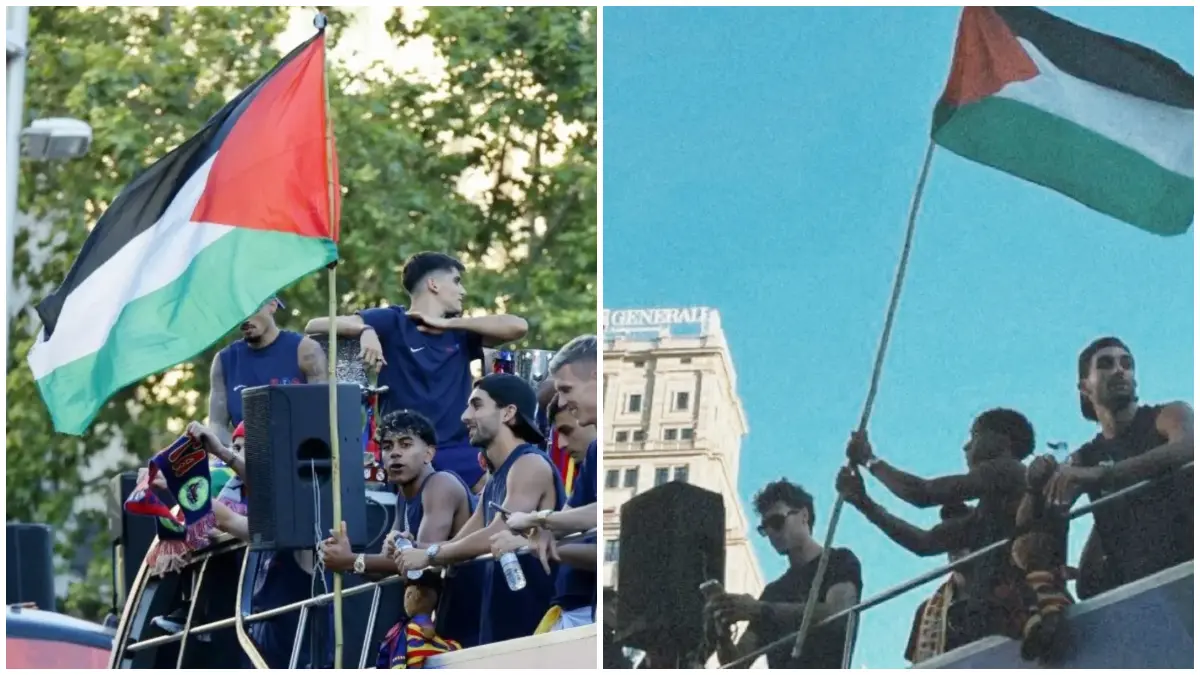 Aksi Lamine Yamal saat mengibarkan bendera Palestina pada parade juara La Liga Barcelona.