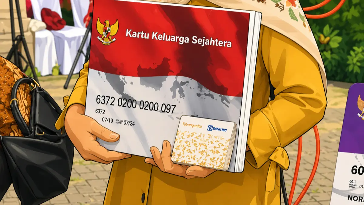 Ilustrasi penyaluran bansos melalui KKS Bank Himbara. (Foto: YouTube Linjamsos Oke/Diolah oleh AI)