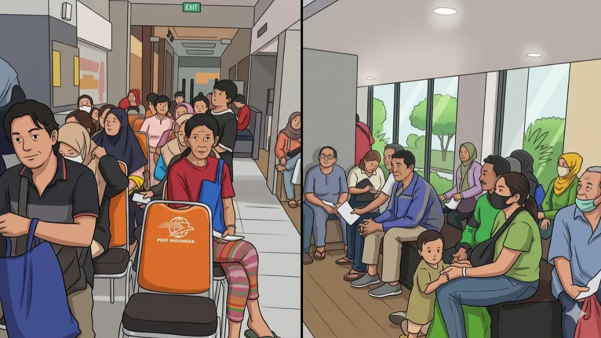  Ilustrasi antrian KPM PKH BPNT tahap 2. (Instagram @pospay_official/Diolah dengan Gemini AI)