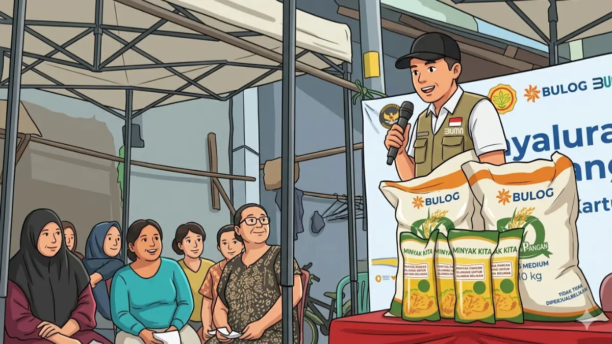  Ilustrasi penyaluran bansos BPNT tahap 2 kepada KPM pemilik KKS mandiri. (Foto: YouTube TV Bulog/Diolah dengan Gemini AI)