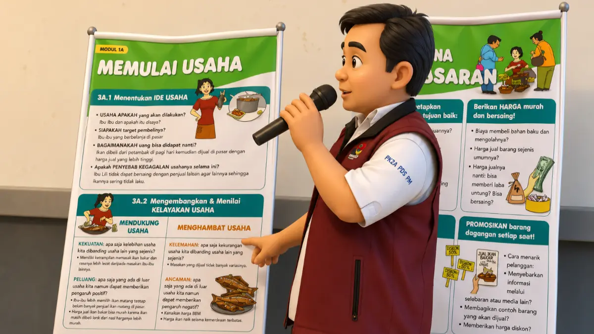 Ilustrasi Pendamping PKH melakukan sosialisasi untuk membantu KPM bansos bisa mandiri secara ekonomi. (Foto: YouTube Linjamsos Oke/diolah oleh AI)