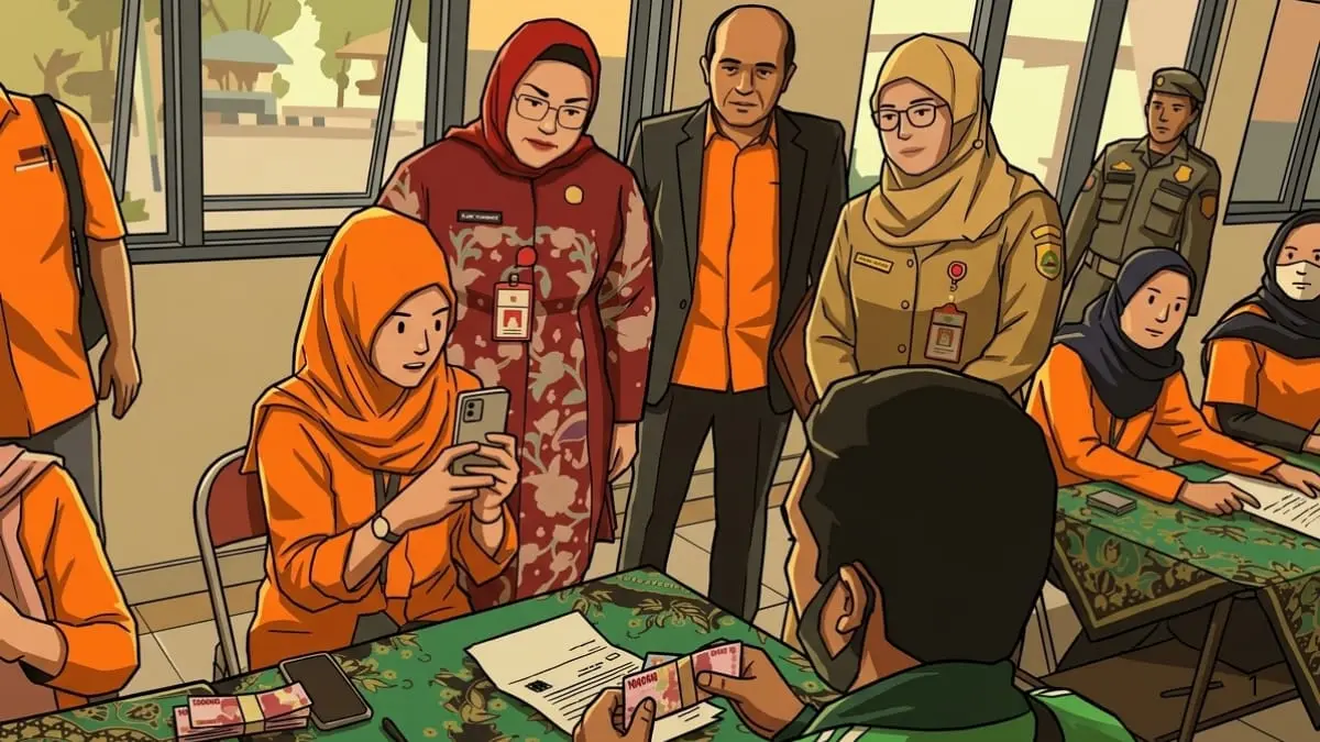 Ilustrasi warga penerima bansos sedang melakukan sesi pemotretan dokumentasi bukti terima hibah bantuan (Foto: jatengprov.go.id/Diolah dengan Gemini AI)