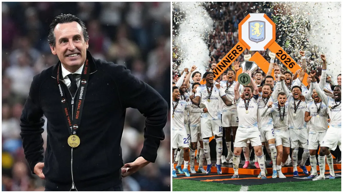 Selebrasi para pemain Aston Villa usai menjuarai Liga Europa 2026.