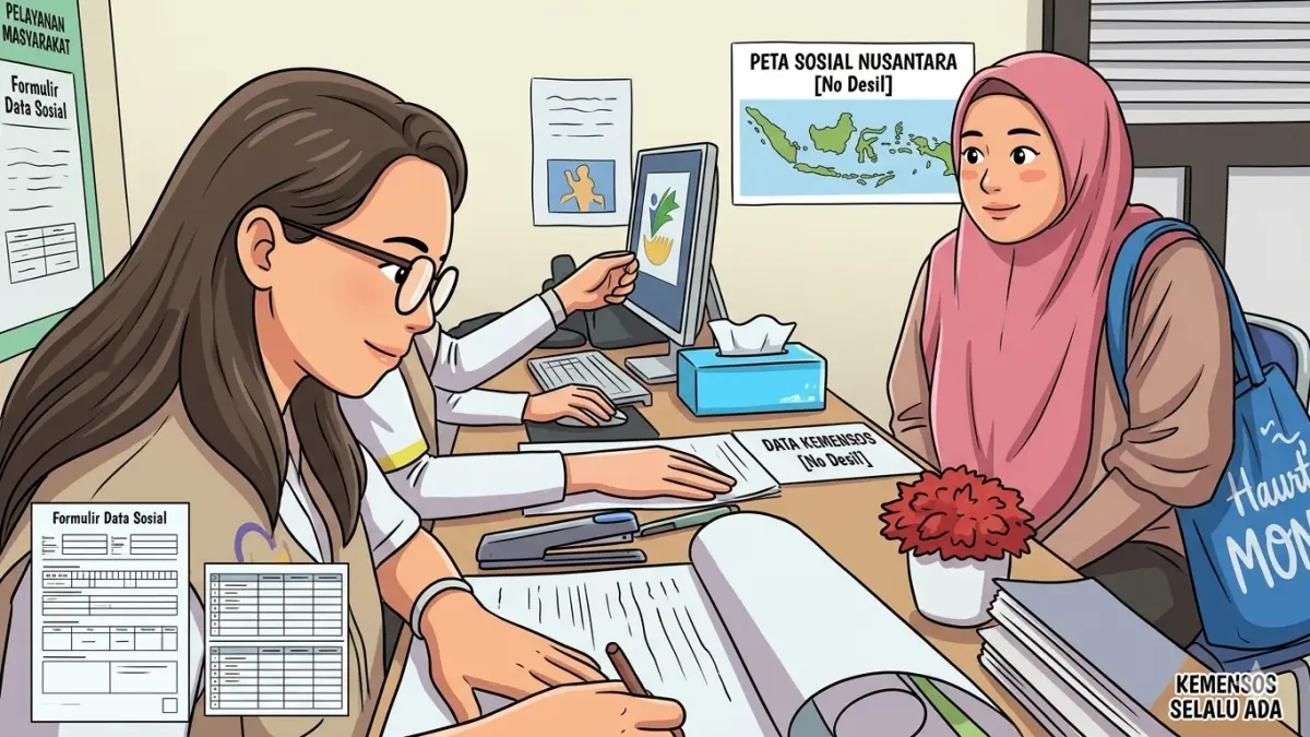 Ilustrasi KPM bansos perbaiki akun ke pendamping sosial. (Foto: Instagram @pusdatinkesos/Diolah oleh Gemini AI)