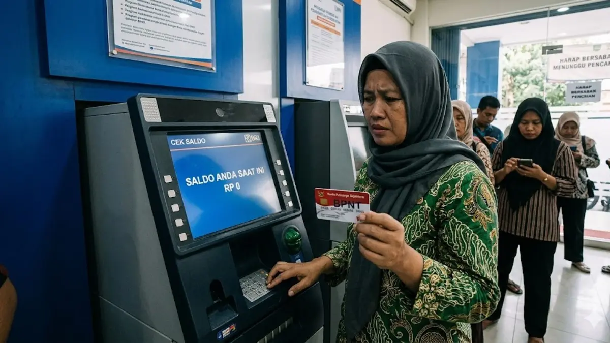 ilustrasi KPM cek saldo bansos. (Foto: Gemini AI)
