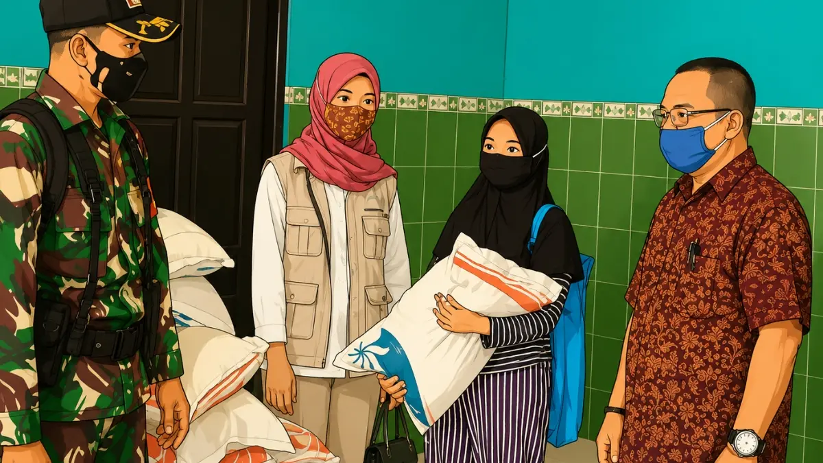 Ilustrasi KPM mengambil bansos beras dan minyak goreng. Foto: Instagram @pkh_kotamagelang/diolah oleh Gemini AI