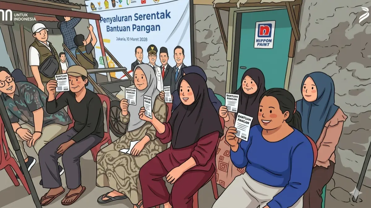 Ilustrasi KPM yang akan mengambil bansos BPNT. (Foto: YouTube TV Bulog/Diolah dengan Gemini AI)