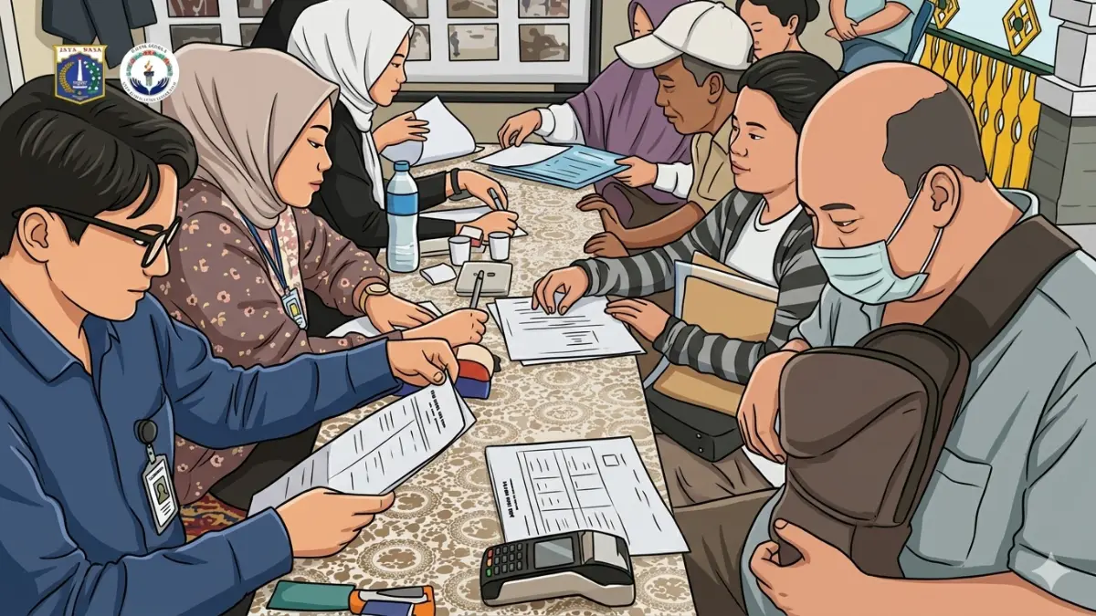 Ilustrasi pendataan KPM sebelum menerima bansos BPNT tahap 2. (Foto: Instagram @dinsosdkijakarta/Diolah dengan gemini AI)