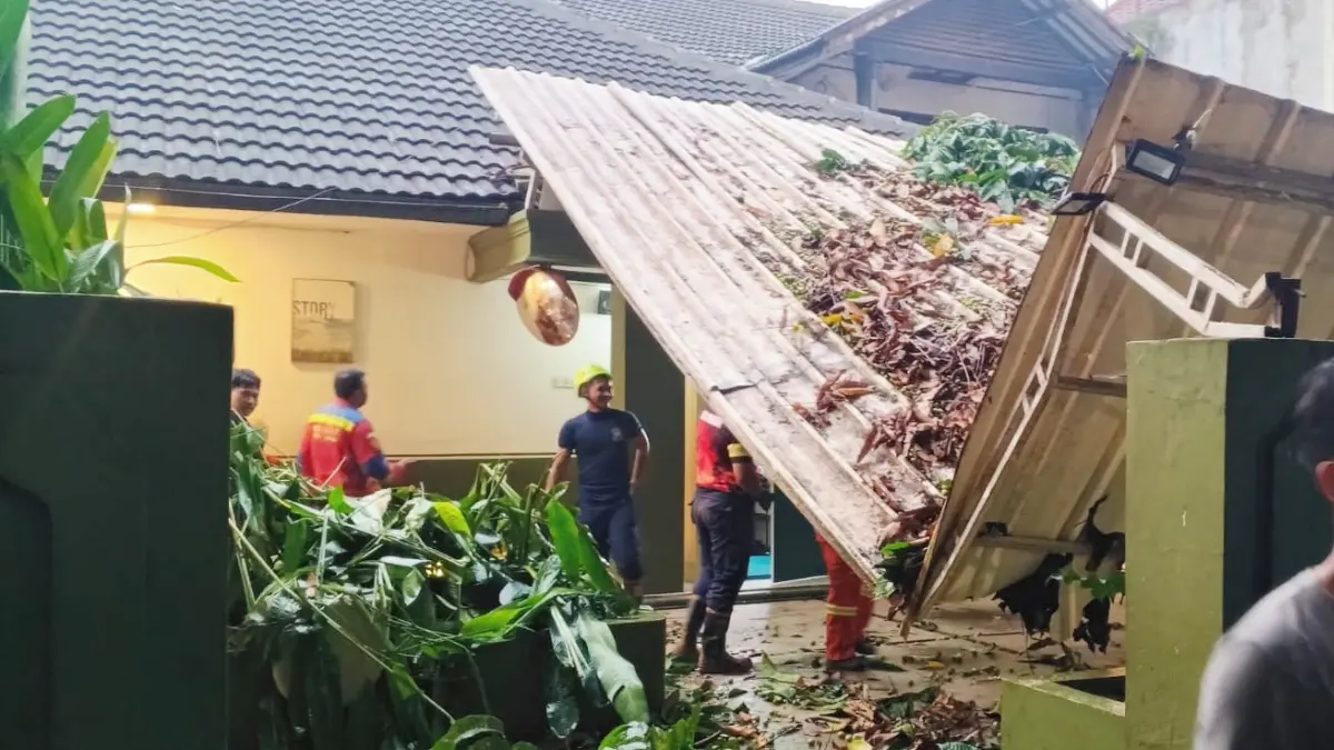 Proses pembersihan sisa dahan pohon kenari yang patah di sebuah kafe kawasan Taman Heulang, Kota Bogor. (Fikri/Radar Bogor)