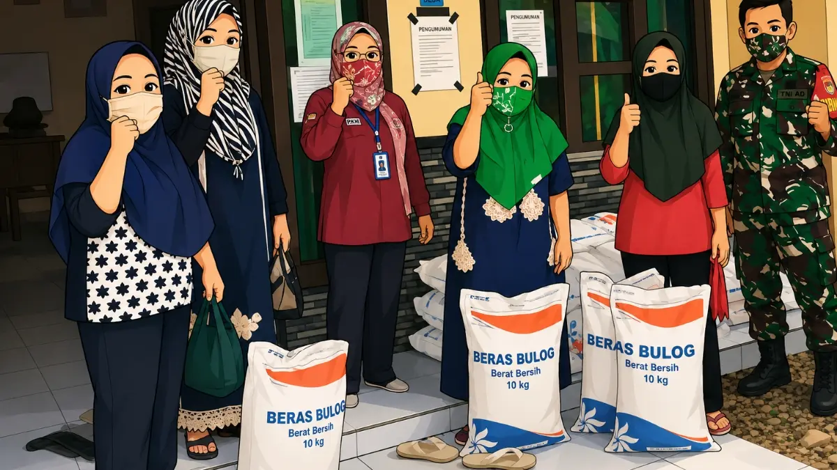 Ilustrasi KPM ambil bansos berupa bantuan beras. (Foto: Instagram @pkhbanjar/ diolah oleh Gemini AI)