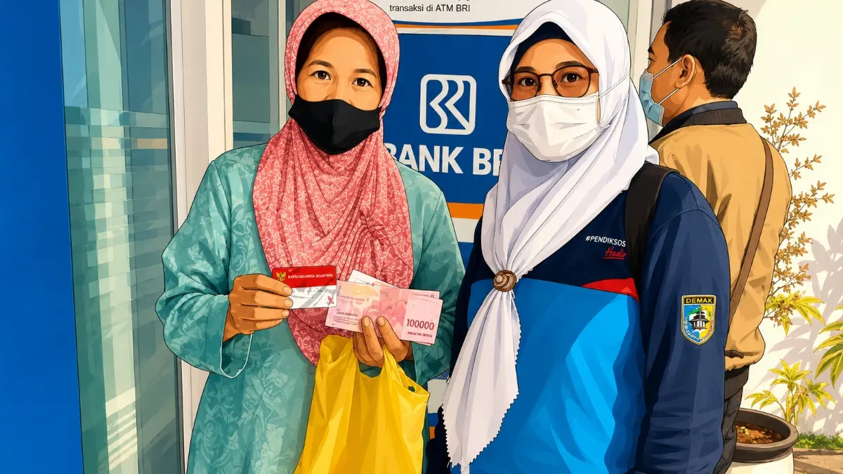 ilustrasi KPM mencairkan bansos. (Foto: Instagram @pkhdemak diolah oleh Gemini AI)