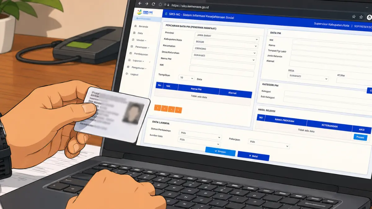 Ilustrasi pengecakan status KPM bansos. (Foto: YouTube Kemensos RI/diolah oleh AI)