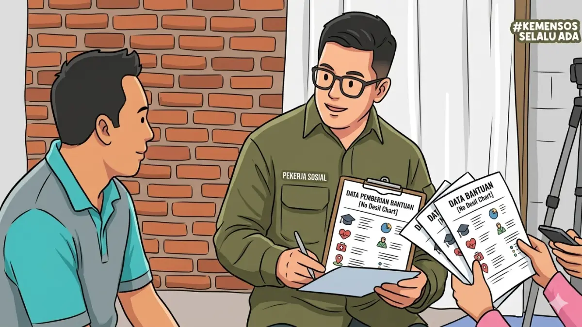 Ilustrasi penyaluran bansos oleh petugas ke KPM. (Foto: Youtube Kemensos RI/Diolah oleh Gemini AI)