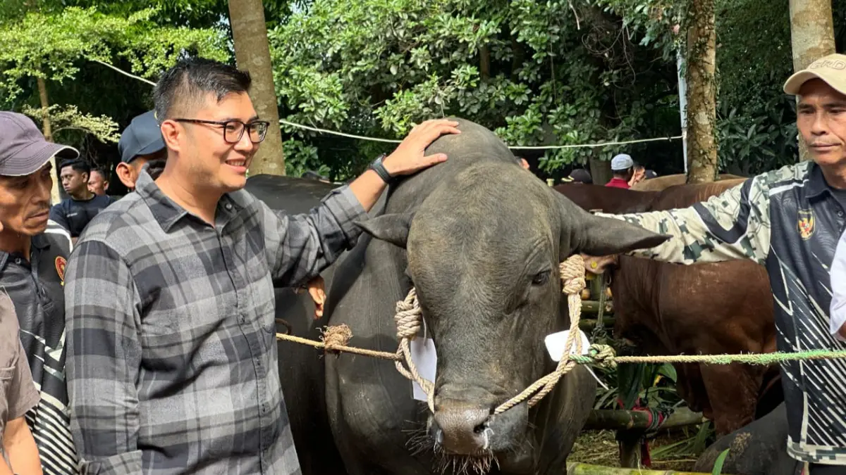 Ketua DPRD Kabupaten Bogor, Sastra Winara menghadiri penyaluran hewan kurban dari Presiden RI Prabowo Subianto kepada masyarakat. (Muhammad Ali/Radar Bogor)