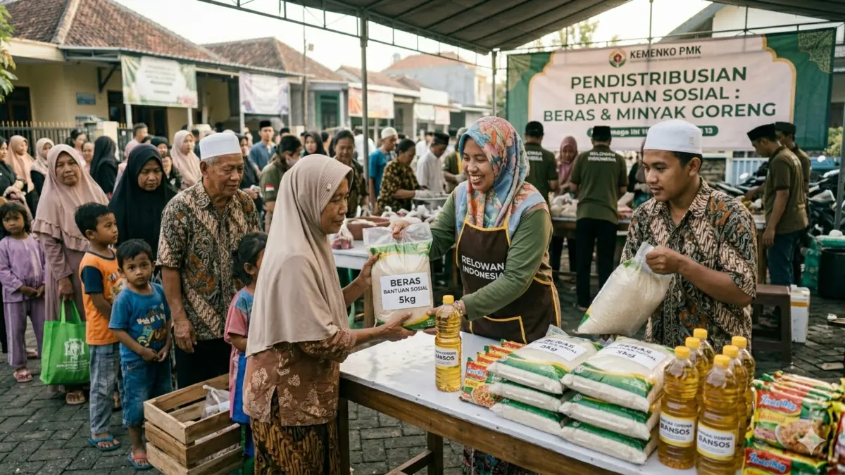 Ilustrasi pendistribusian bansos pangan beras dan minyak goreng. (Foto: Gemini AI)
