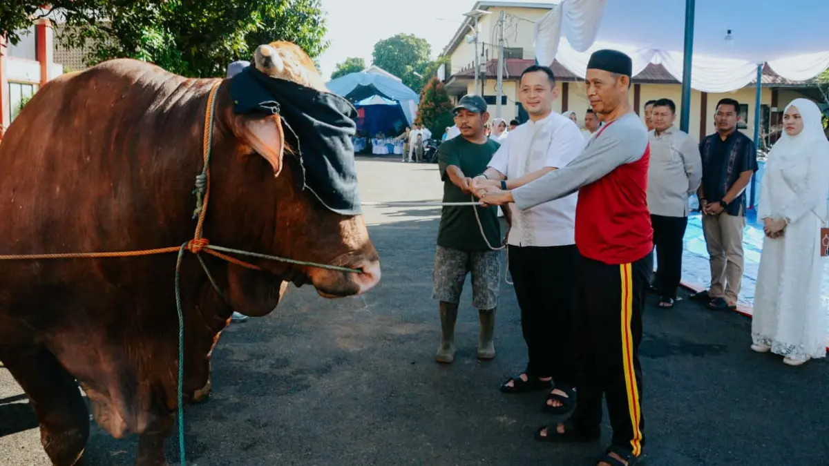 Kapolres Bogor AKBP Wikha Ardilestanto secara simbolis mendistribusikan hewan kurban di Mapolres Bogor. (Dok. Polres Bogor)