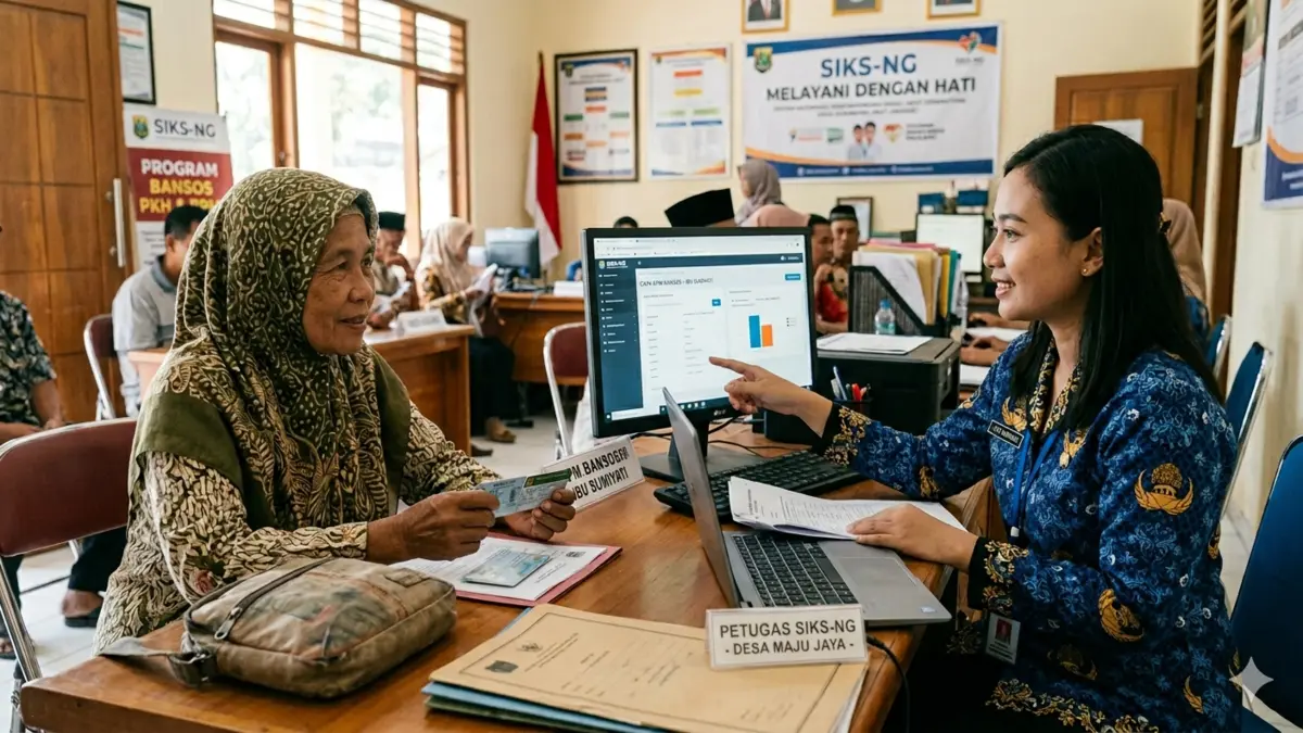 Ilustrasi KPM bansos dan operator SIKS-NG di desa. (Foto: Gemini AI)