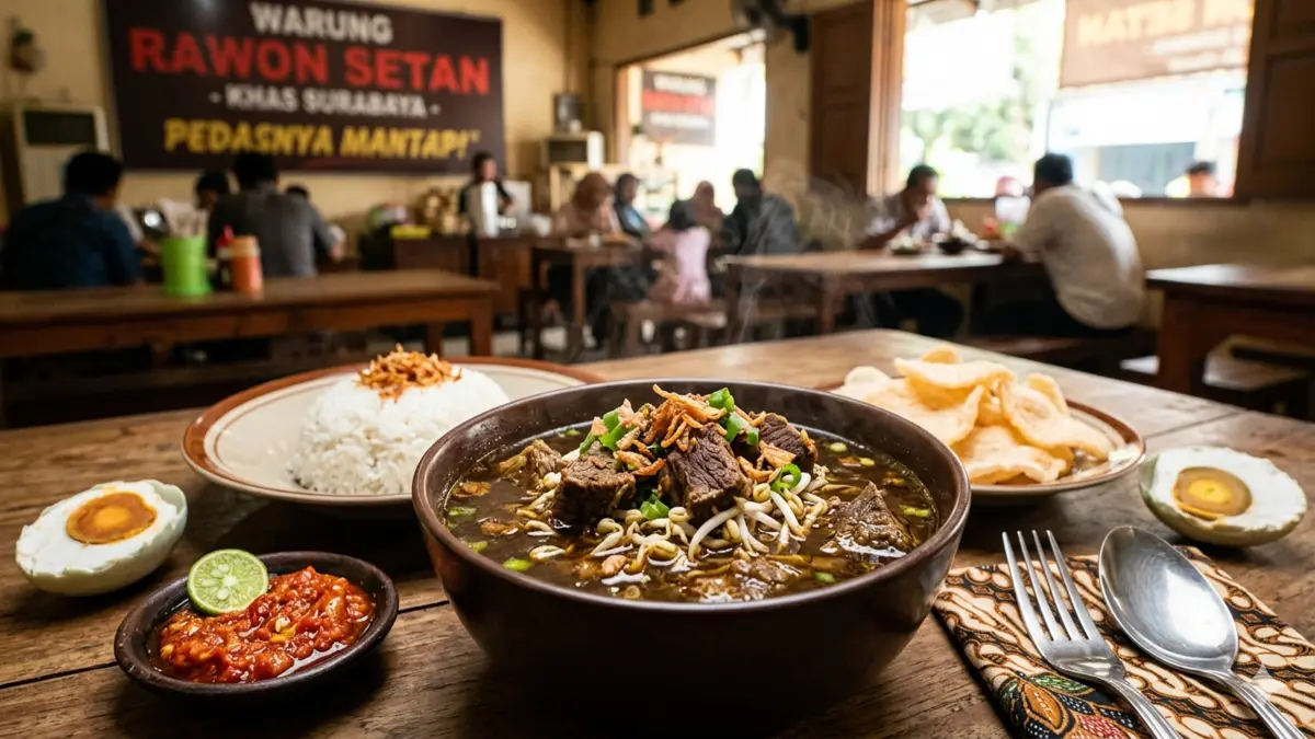 Ilustrasi Rawon Setan, kuliner khas Surabaya. (Foto: Gemini AI)