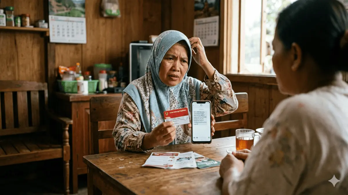 Ilustrasi KPM bingung terhadap isu bonus bansos senilai Rp400 ribu. (Foto: Gemini AI)