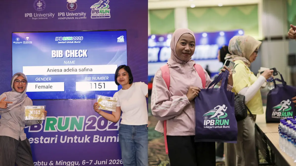 Sejumlah peserta menunjukkan race pack yang telah diterima saat pengambilan perlengkapan IPB Run 2026 di IPB International Convention Center, Rabu, 3 Juni 2026. (Dok. IPB University)