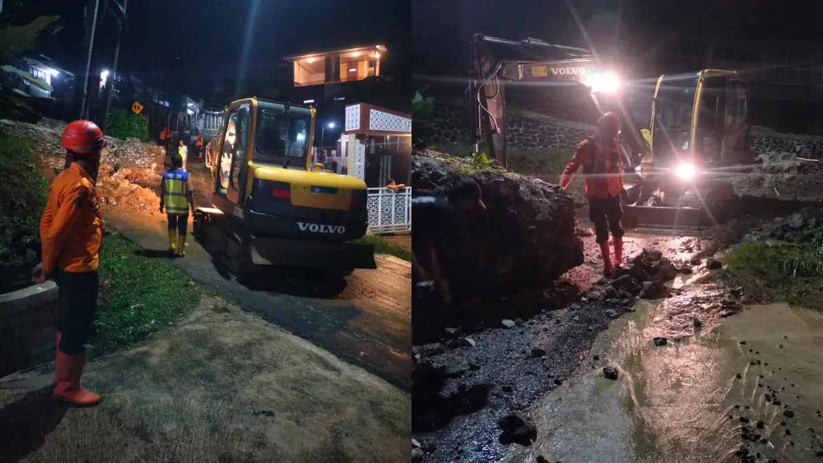 TPT SMAN 1 Pamijahan ambruk hingga sempat menutup badan Jalan Raya Gunung Salak Endah, Desa Gunungsari, Pamijahan, Kabupaten Bogor. (Dok. BPBD Kabupaten Bogor)