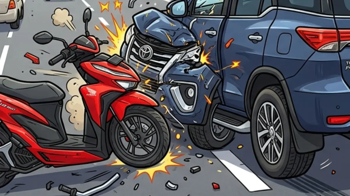 Ilustrasi: Kecelakaan mobil dan motor terjadi di Jalan Raya Kemang, Kabupaten Bogor. (Diolah oleh Gemini AI)