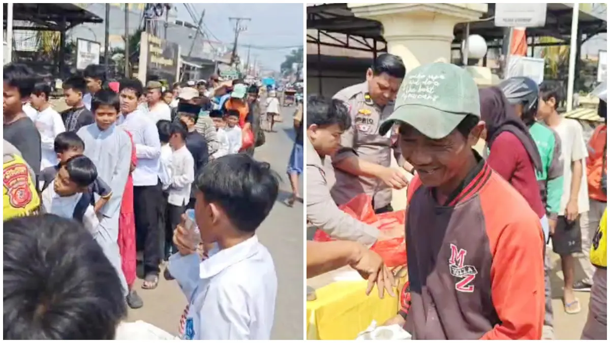 Antrean nasi bungkus gratis di Polsek Citeureup, Bogor Jumat 5 Juni 2026. (Foto : Kapolsek for Radar Bogor)