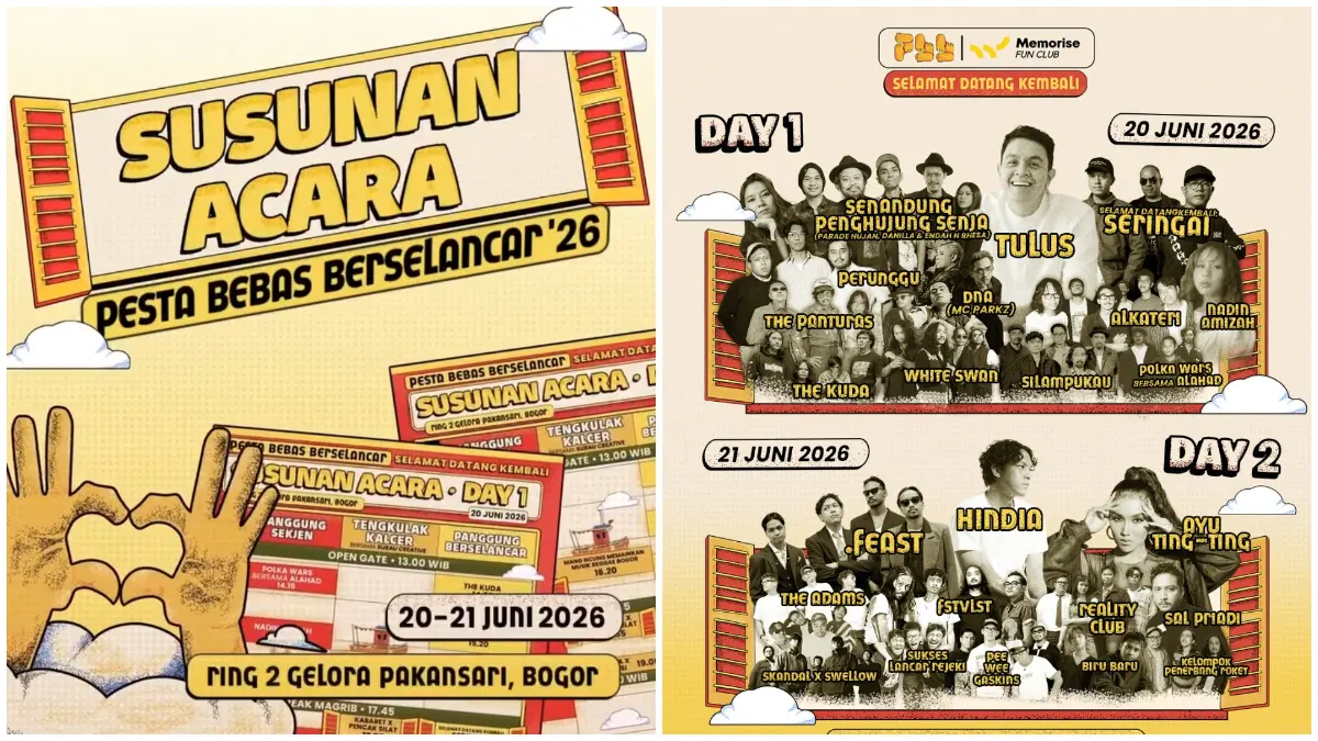 Panitia Pesta Bebas Berselancar 2026 merilis susunan acara lengkap dan jadwal penampilan seluruh delegasi. (Foto: Instagram @pestabebasberselancar)