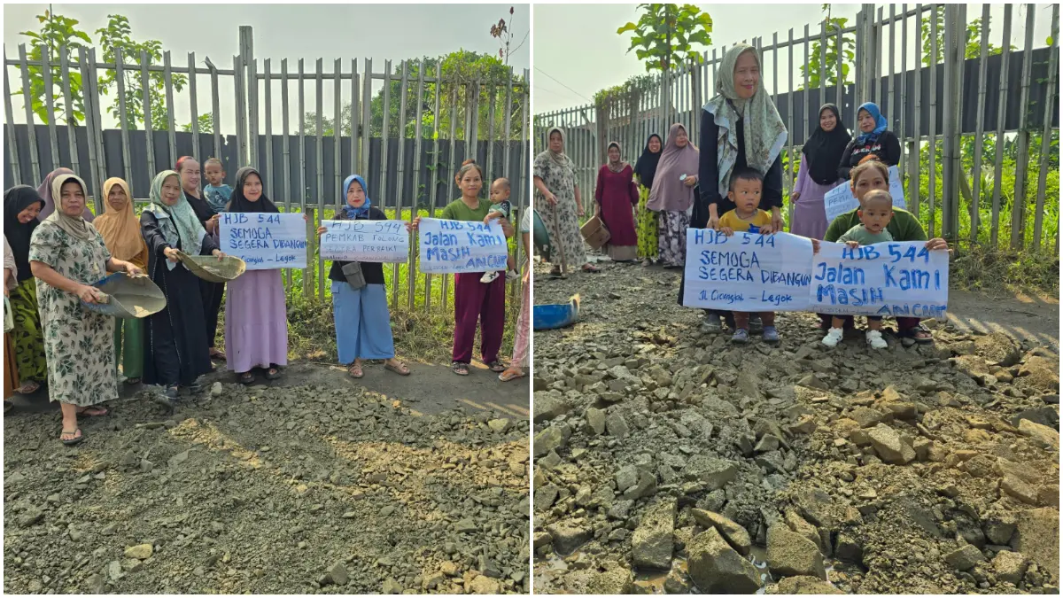 Warga Desa Sukamulya, Kecamatan Rumpin, Bogor memperbaiki sendiri jalan rusak.  (Foto: Nasir)