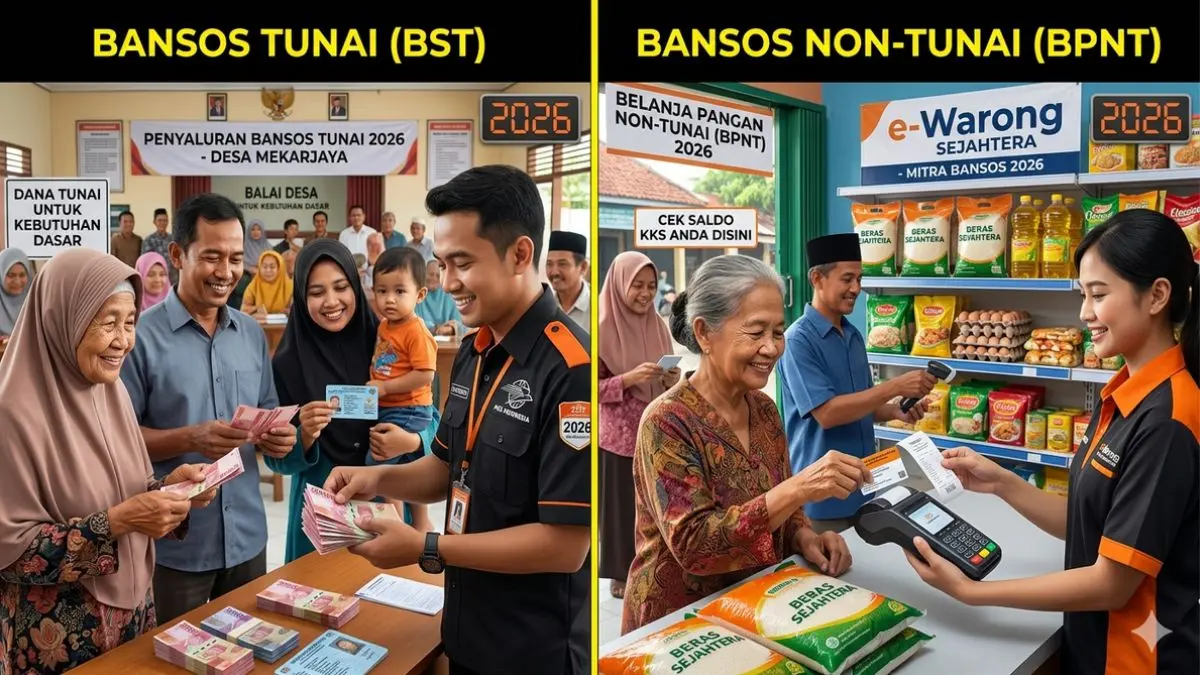 Ilustrasi perbedaan bansos tunai dan non tunai tahun 2026. (Foto: Gemini AI)