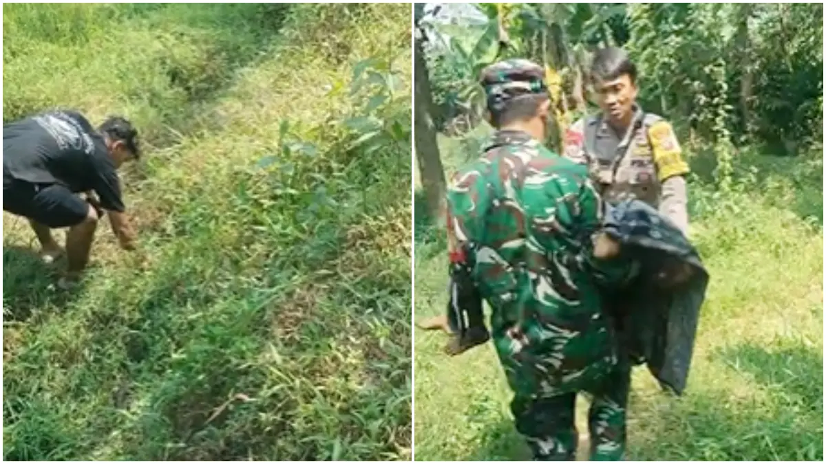 Lokasi kejadian seorang bocah berusia 9 tahun meninggal diduga usai diserang anjing pemburu. Petugas TNI AD dan polisi mengevakuasi jasad korban. (Tangkapan layar video warga)