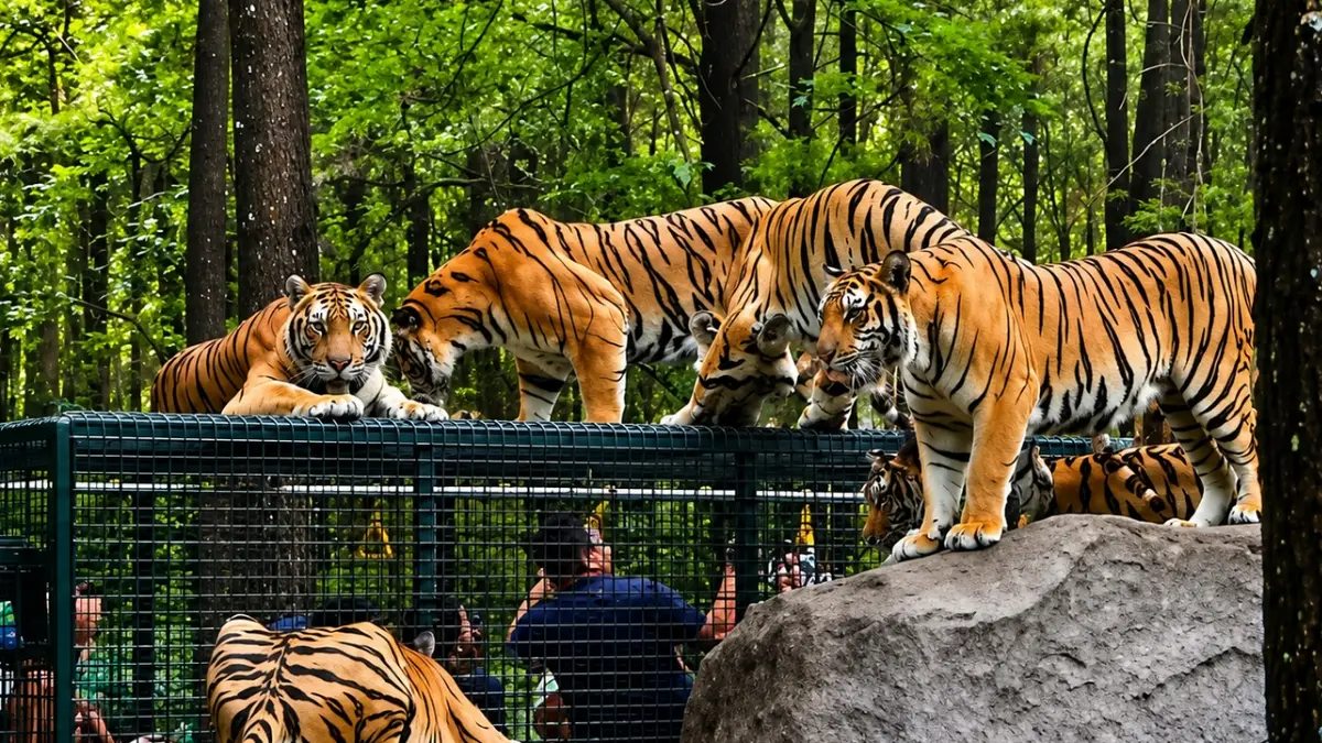 Pengunjung berinteraksi dengan kawanan harimau di taman safari prigen. (Foto: Instagram @tamansafari.prigen)&nbsp;