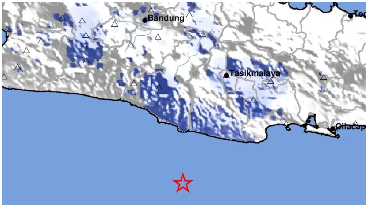 Pusat gempa bumi tektonik 4,0 yang mengguncang Kabupaten Pangandaran, Jawa Barat Minggu 7 Juni 2026.