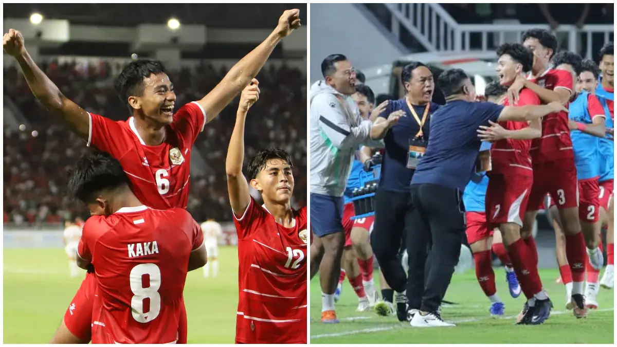 Selebrasi pemain Timnas Indoneia U-19 usai mencetak gol ke gawang Vietnam U-19.
