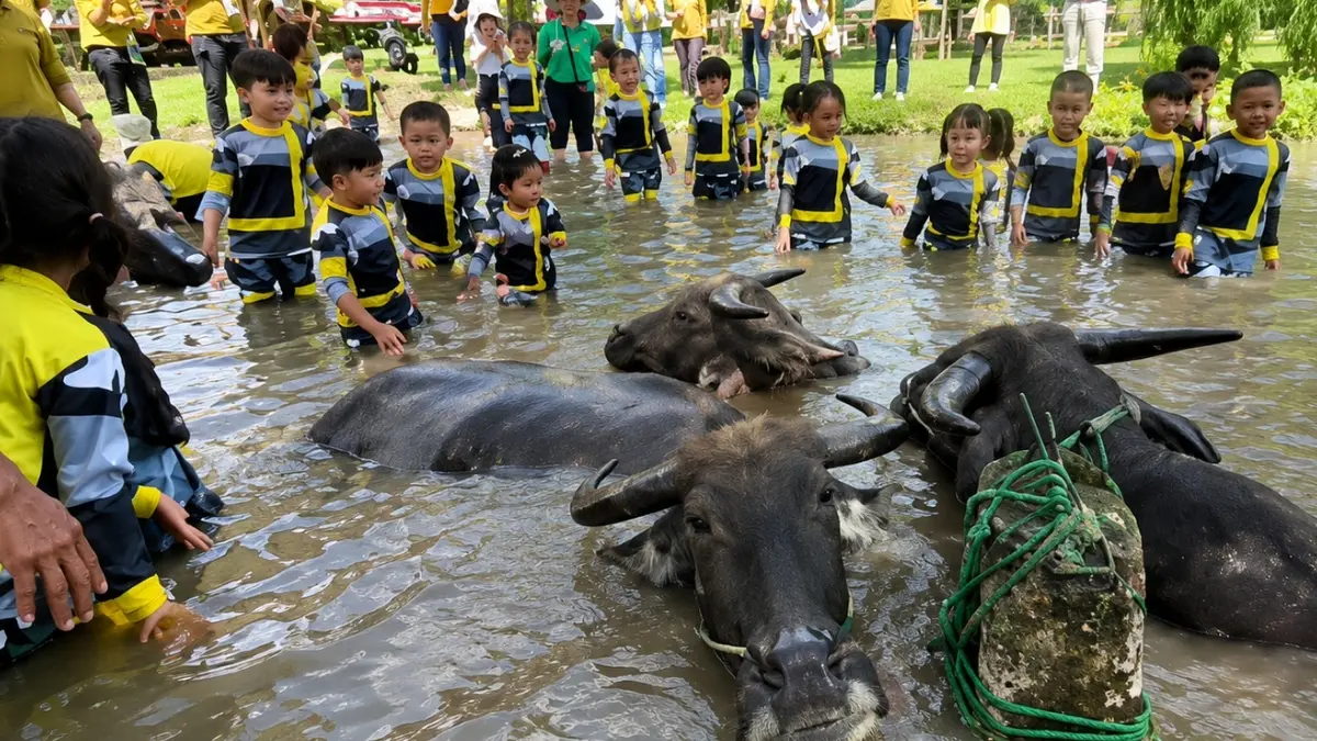 Anak-anak sedang memandikan kerbau di kampung wisata Cinangneng Bogor. Foto: Instagram @kampoeng.wisata_cinangneng